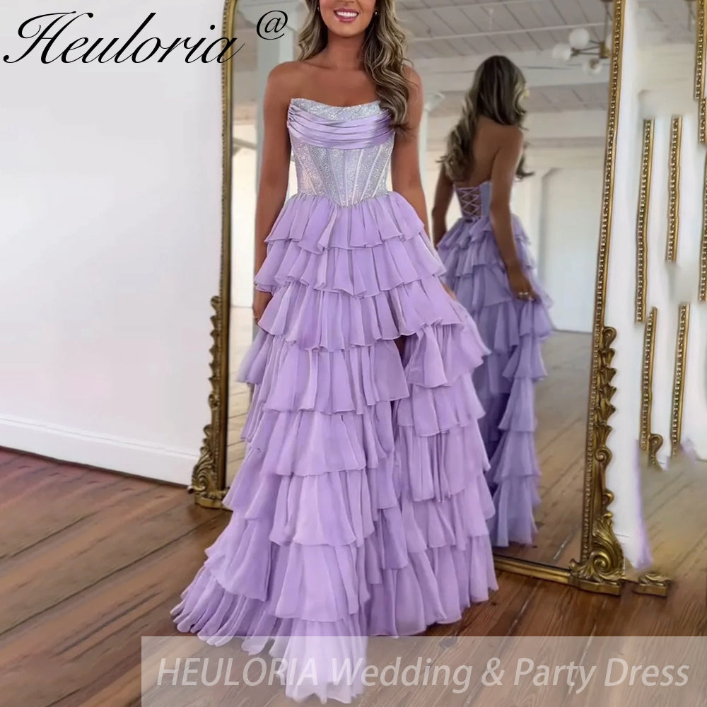 Sexy Strapless evening dress Chiffon Blue Tiered Ruffles with Slit Crystal A-Line Lace-upParty Gowns Customized Image secondaire du produit