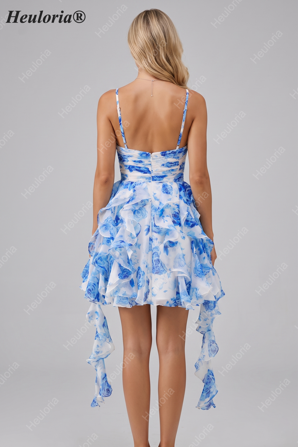 HEULORIA Pearl Beaded Straps Floral Ruffle Mini Homecoming Dress - Whimsical Tiered Rose Print Cocktail Gown ED-614