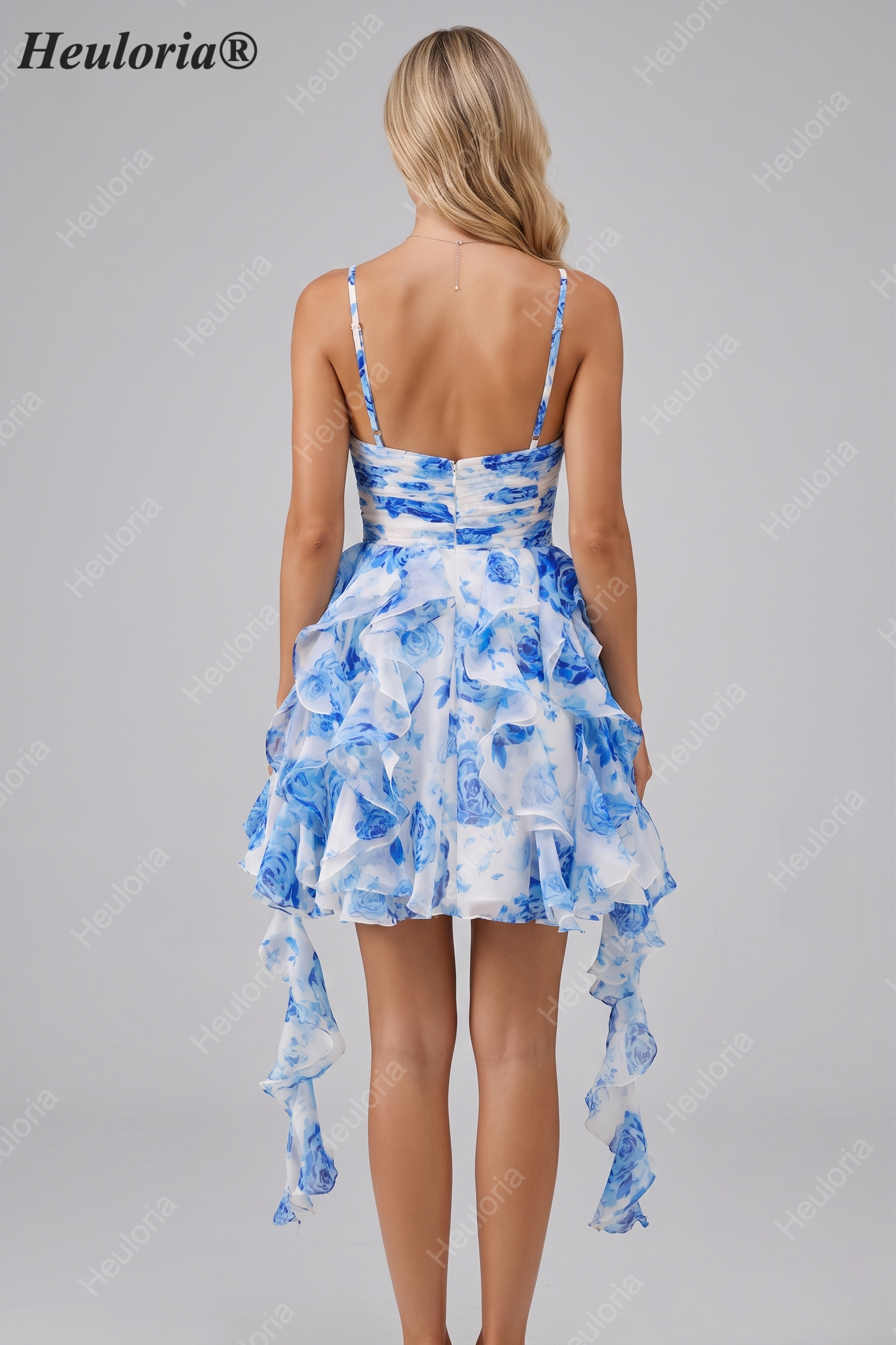 HEULORIA Pearl Beaded Straps Floral Ruffle Mini Homecoming Dress - Whimsical Tiered Rose Print Cocktail Gown ED-614