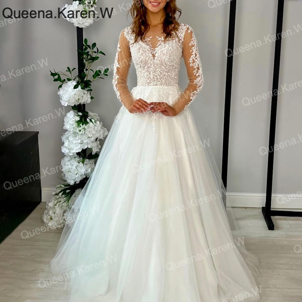 HEULORIA Sparkly Glitter A line Wedding Dress long sleeve lace bride dress plus size robe de mariee  A line Wedding Bridal Gown AL-QK83