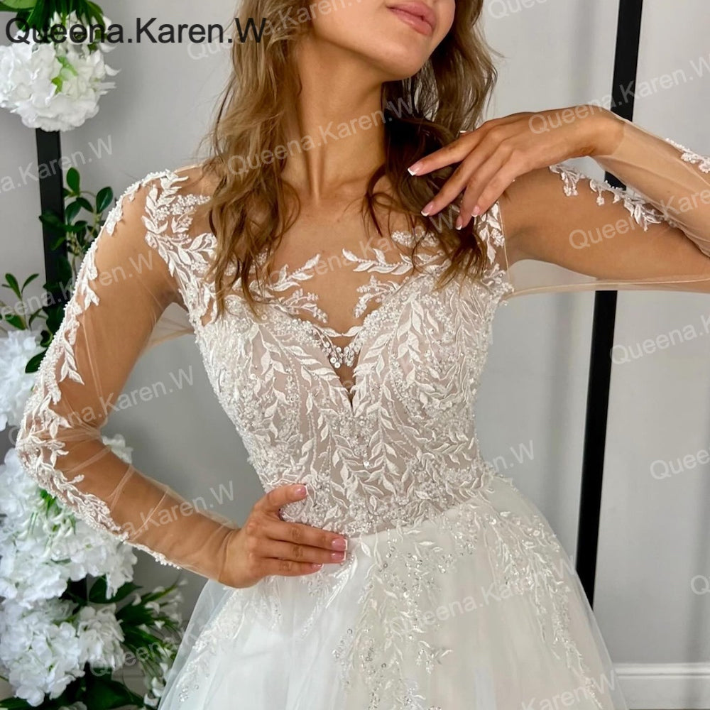 HEULORIA Sparkly Glitter A line Wedding Dress long sleeve lace bride dress plus size robe de mariee  A line Wedding Bridal Gown AL-QK83