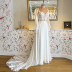 Boho Wedding Dress long sleeve V neck lace applique chiffon bride dress plus size robe de mariee A line Wedding Bridal Gown AL-QK128