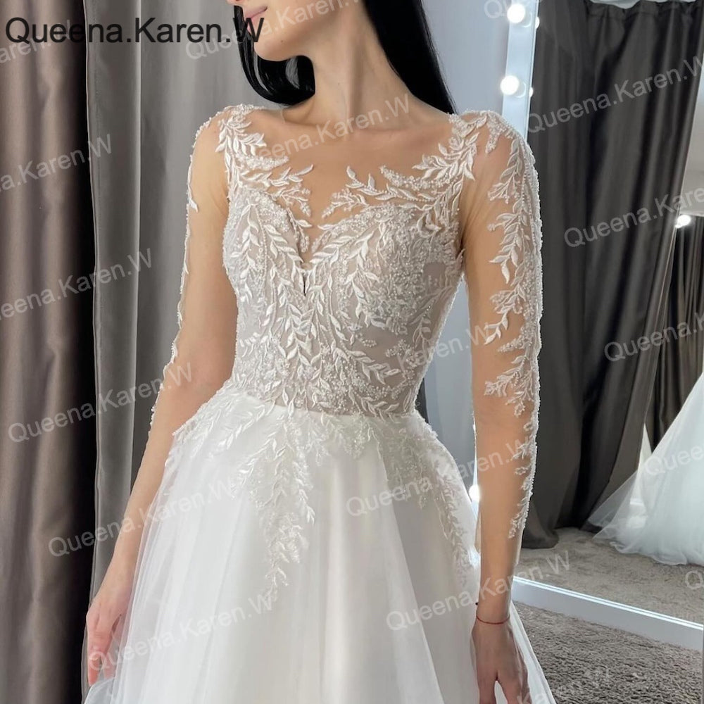 HEULORIA Sparkly Glitter A line Wedding Dress long sleeve lace bride dress plus size robe de mariee  A line Wedding Bridal Gown AL-QK81 Secondary image