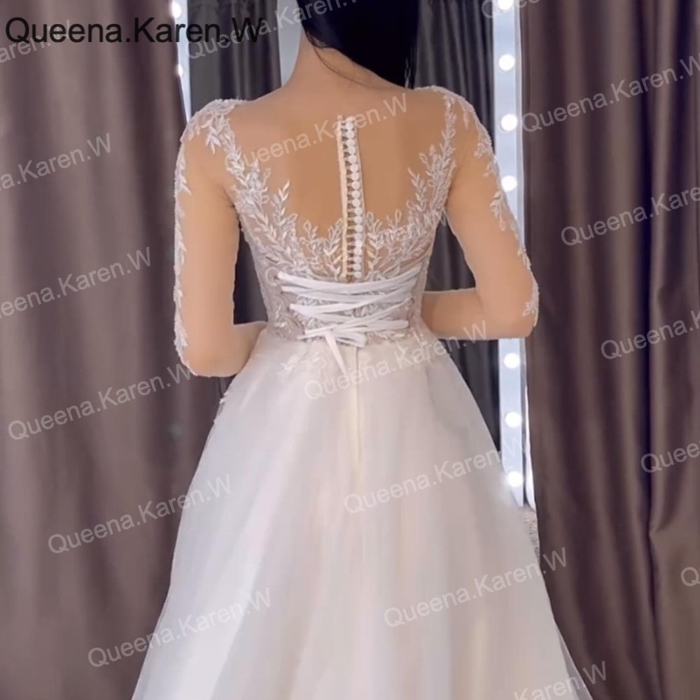 HEULORIA Sparkly Glitter A line Wedding Dress long sleeve lace bride dress plus size robe de mariee  A line Wedding Bridal Gown AL-QK81