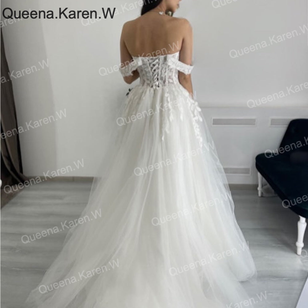 elegant A line wedding dress off shoulder lace beading bride dress Robe De Mariee Wedding Bride Dress long train AL-QK80