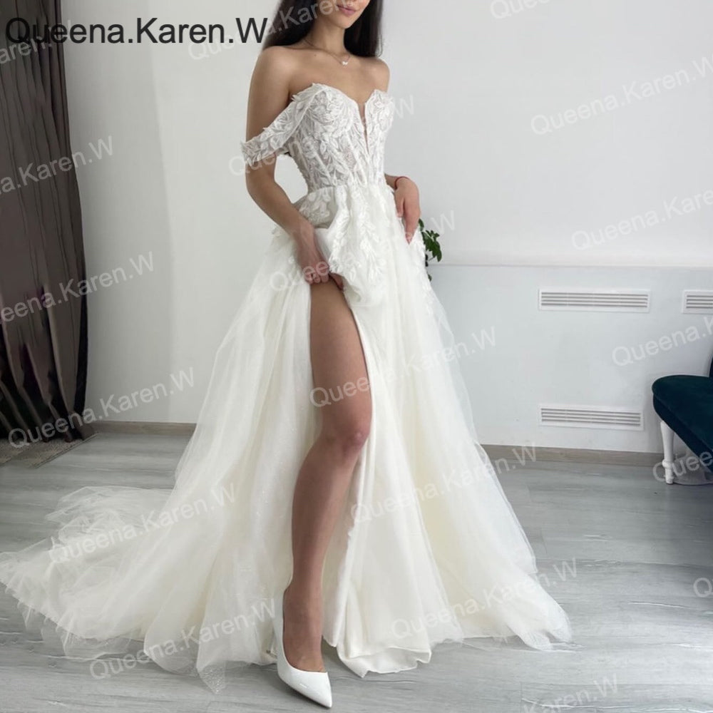 elegant A line wedding dress off shoulder lace beading bride dress Robe De Mariee Wedding Bride Dress long train AL-QK80 Main image