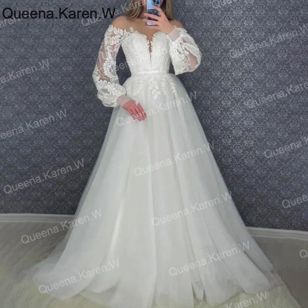 HEULORIA Sparkly Glitter A line Wedding Dress long sleeve lace bride dress plus size robe de mariee  A line Wedding Bridal Gown AL-QK90 Main image