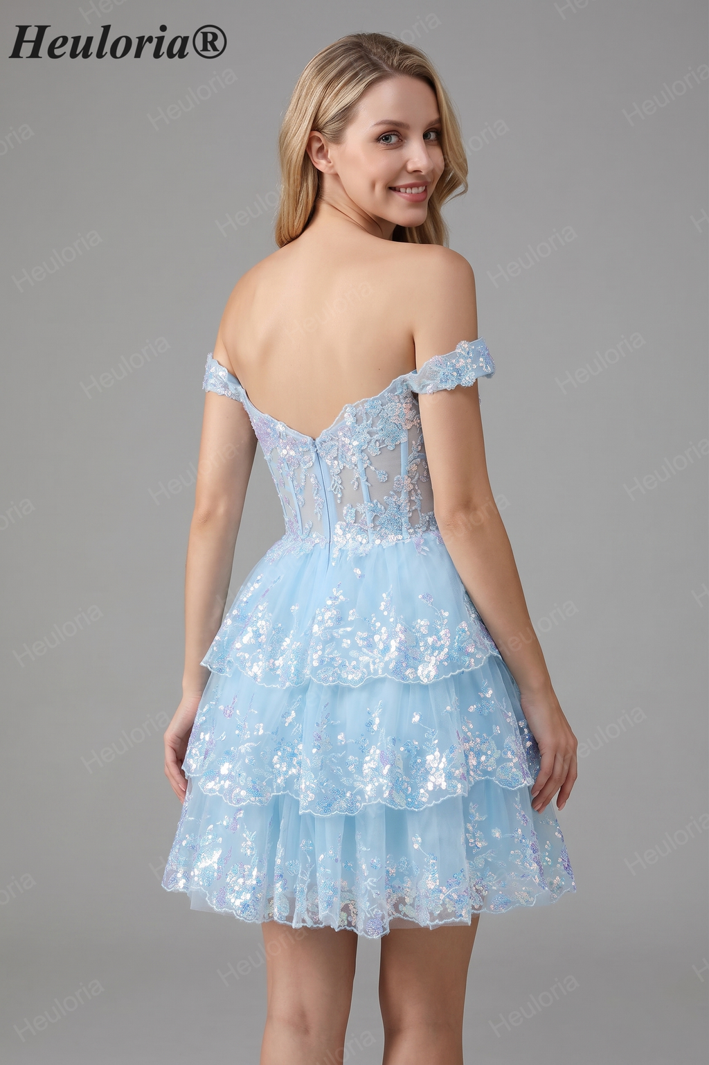 HEULORIA Champagne Off-the-Shoulder Sequin Tiered Mini Dress - Corset Bodice Party & Homecoming Dress ED-277