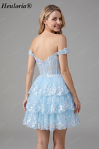 HEULORIA Champagne Off-the-Shoulder Sequin Tiered Mini Dress - Corset Bodice Party & Homecoming Dress ED-277