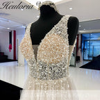 HEULORIA Sparkly beading lace A line Wedding dress Plunging V Neck Boho Bride Gowns Lace Up Back Customized AL-932