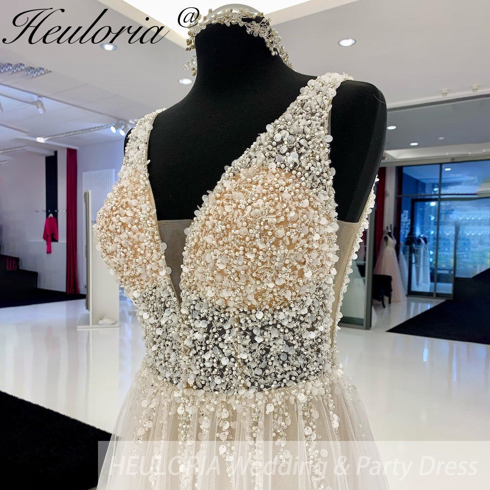 HEULORIA Sparkly beading lace A line Wedding dress Plunging V Neck Boho Bride Gowns Lace Up Back Customized AL-932