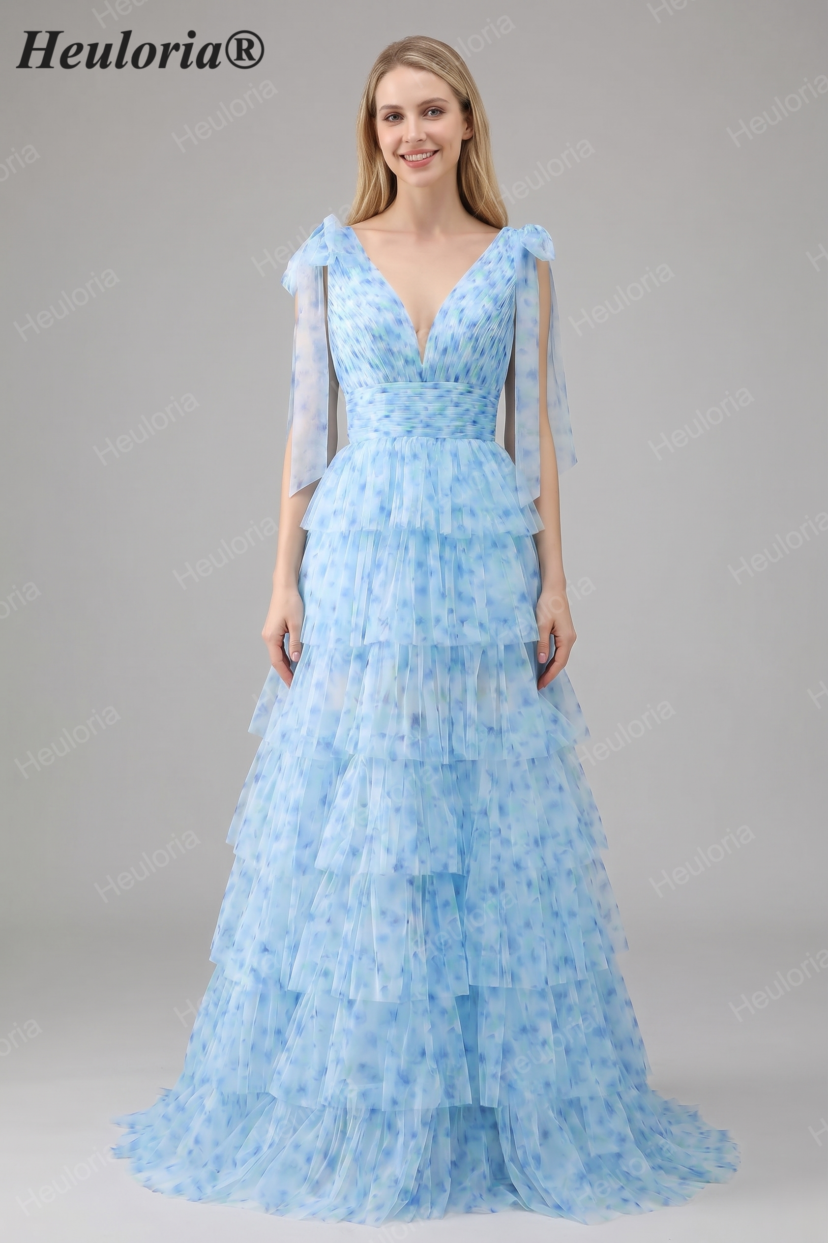 HEULORIA Ethereal Light Blue Floral Print Tiered Tulle Evening Gown with Tie-Up Shoulders ED-580