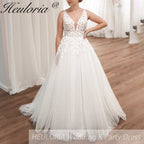 HEULORIA V-neck Sparkly Glitter tulle Wedding Dress Women Robe Civil Lace Appliques A Line Boho Bridal Gown Customized AL-QK409
