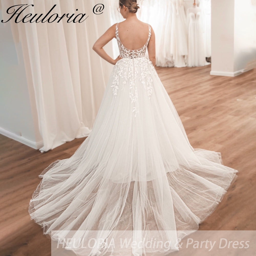 HEULORIA V-neck Sparkly Glitter tulle Wedding Dress Women Robe Civil Lace Appliques A Line Boho Bridal Gown Customized AL-QK409