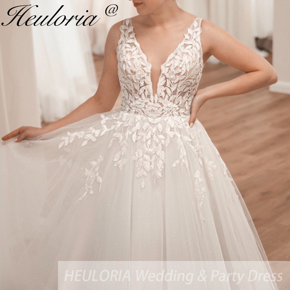 HEULORIA V-neck Sparkly Glitter tulle Wedding Dress Women Robe Civil Lace Appliques A Line Boho Bridal Gown Customized AL-QK409 Secondary image