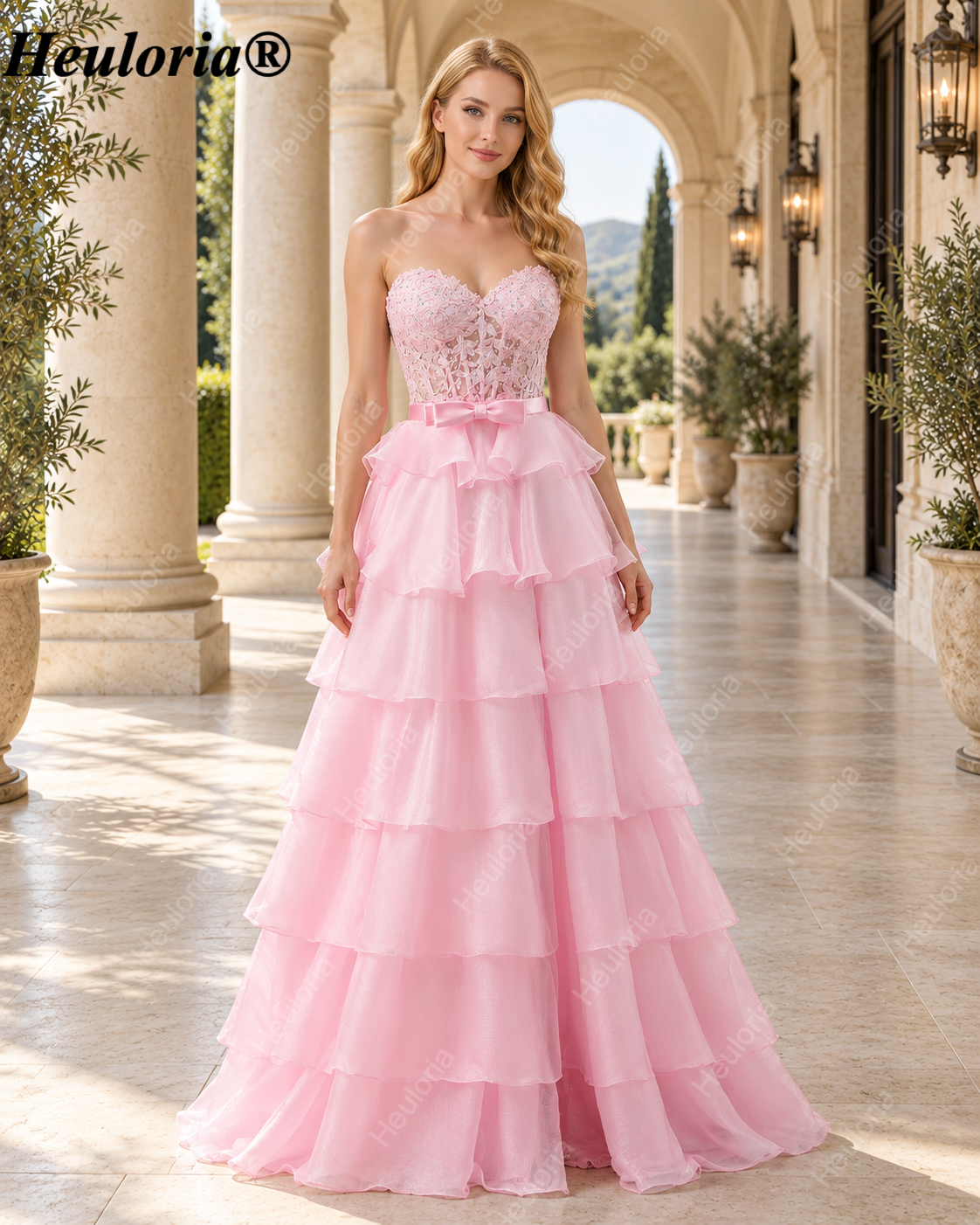 heuloria Strapless Lace Tiered Ruffle Prom Dress with Bow Waist ed-514 Immagine principale del prodotto
