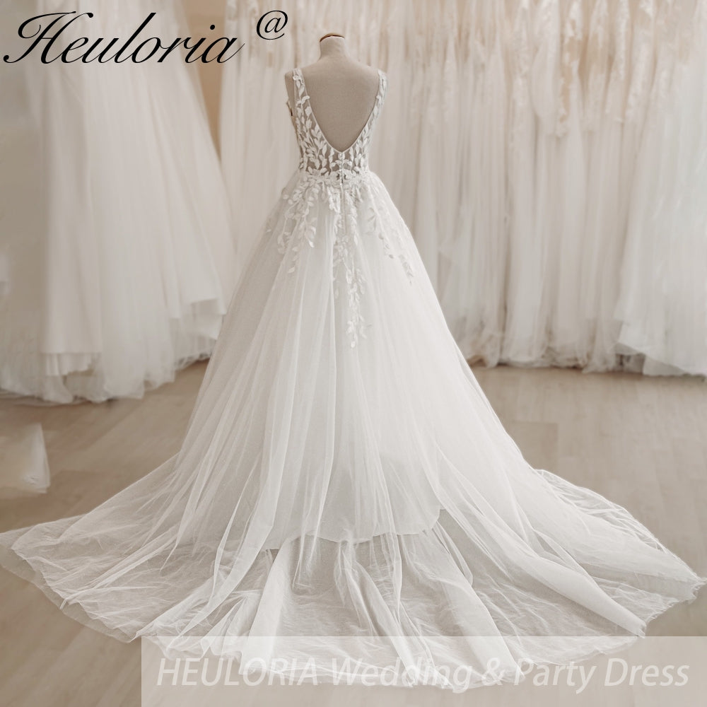 HEULORIA V-neck Sparkly Glitter tulle Wedding Dress Women Robe Civil Lace Appliques A Line Boho Bridal Gown Customized AL-QK409