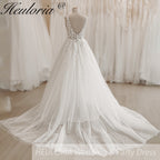 HEULORIA V-neck Sparkly Glitter tulle Wedding Dress Women Robe Civil Lace Appliques A Line Boho Bridal Gown Customized AL-QK409