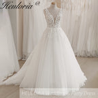 HEULORIA V-neck Sparkly Glitter tulle Wedding Dress Women Robe Civil Lace Appliques A Line Boho Bridal Gown Customized AL-QK409
