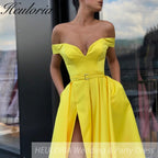 Off Shoulder Satin Prom Dresses Long Sexy High Slit Evening Gowns Elegant High Waist Prom Dress Robe De Soiree