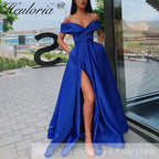 Off The Shoulder Satin Evening Dresses High Split Sexy With Pockets Lace Up Back Vintage Long Prom Dresses Wedding Party Gowns