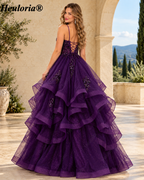 HEULORIA Sparkly Floral Applique Tiered Tulle Ball Gown Prom Dress with Lace-Up Back ED-409
