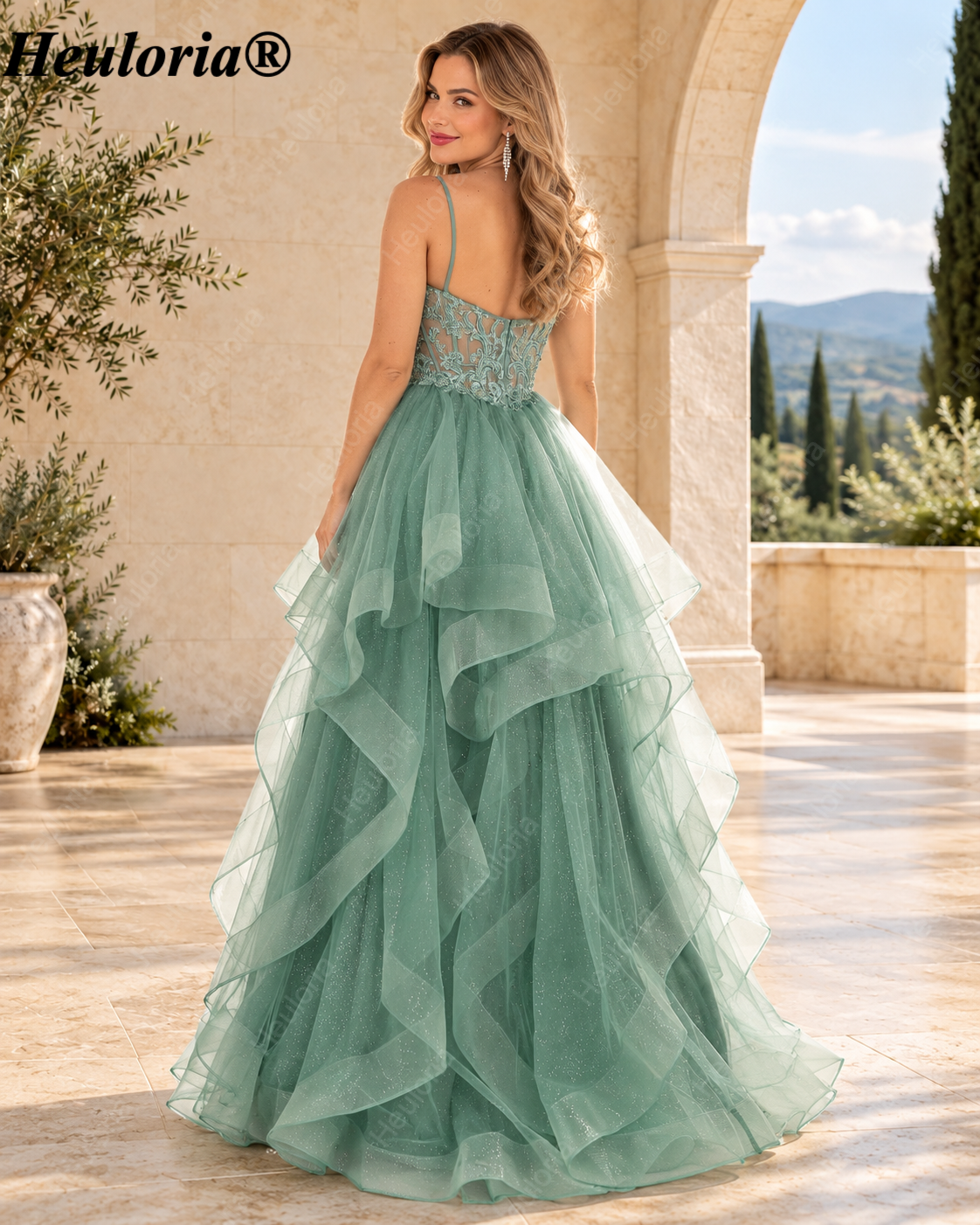 HEULORIA Glitter Tulle A-Line Prom Dress with Beaded Illusion Corset and Tiered Ruffles ED-402 Secondary image