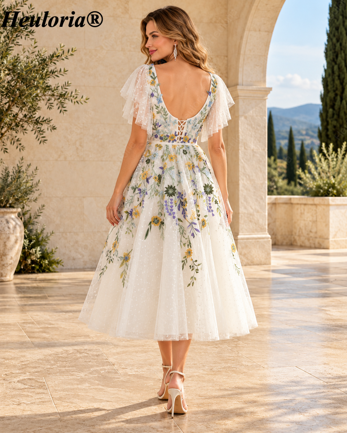 HEULORIA Ivory Floral Embroidered A-Line Evening Dress with Illusion Neck and Flutter Sleeves ED-681 Immagine secondaria del prodotto