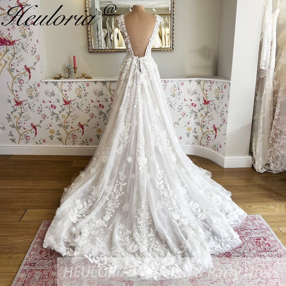 HEULORIA  a line Wedding Dress 3D flower Lace bridal dress V neck Customized AL-814