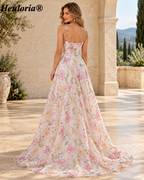 HEULORIA Floral Embroidered Sequin A-Line Evening Dress with Spaghetti Straps and Sweep Train ED-651