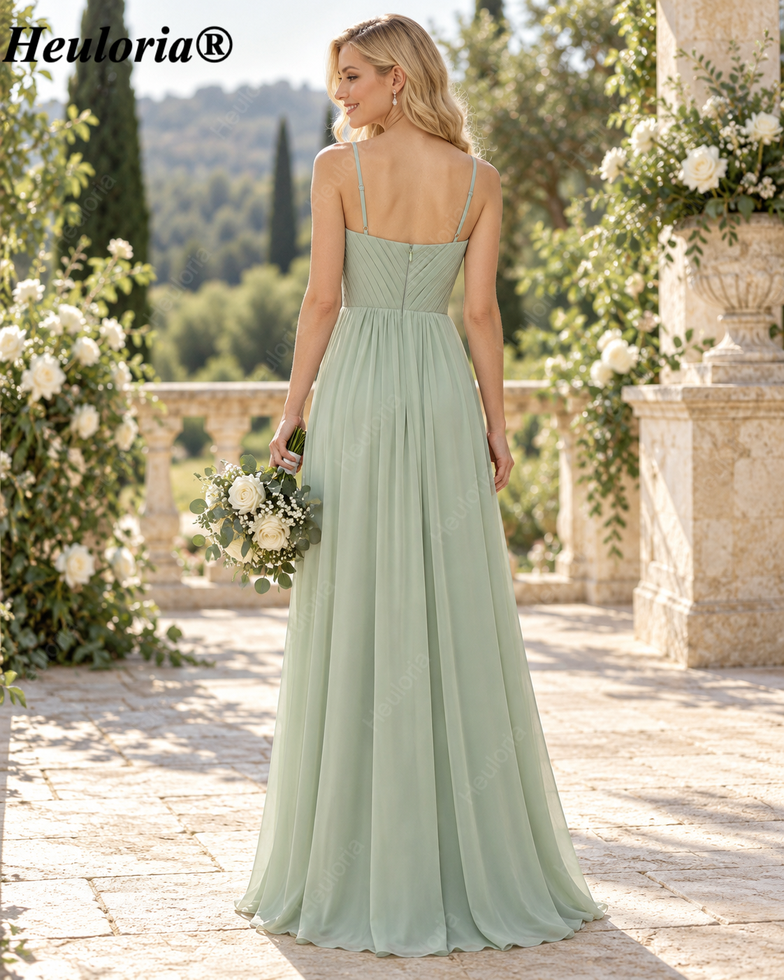 HEULORIA Dusty Sage V-Neck Chiffon A-Line Bridesmaid Dress with Ruched Empire Bodice – ED-254