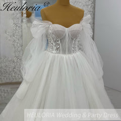 HEULORIA elegant A line wedding dress off shoulder Sparkly Glitter lace bridal dress long sleeve Robe De Mariee Wedding Bride Dress long train AL-1035