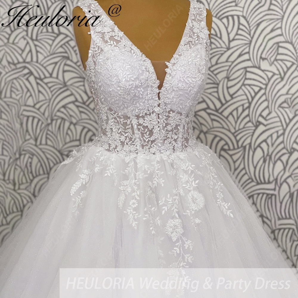 HEULORIA V Neck Sleeveless A line Wedding Dress Boho Lace Appliques Tulle Long Bridal Gowns Backless Vestidos de Novia Customized AL-1037