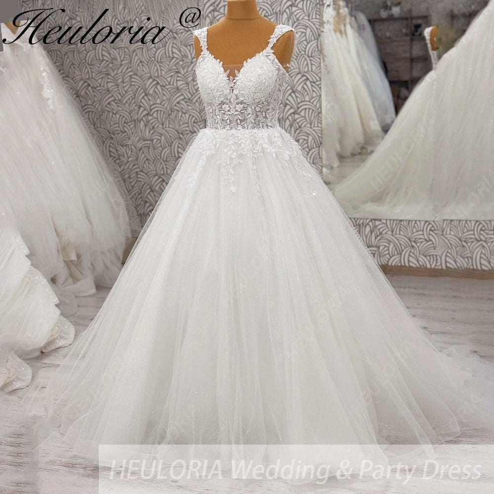 HEULORIA Enchanting Leaf Lace A-Line Wedding Dress - Shimmering Tulle & Plunging Illusion V-Neck AL-1010