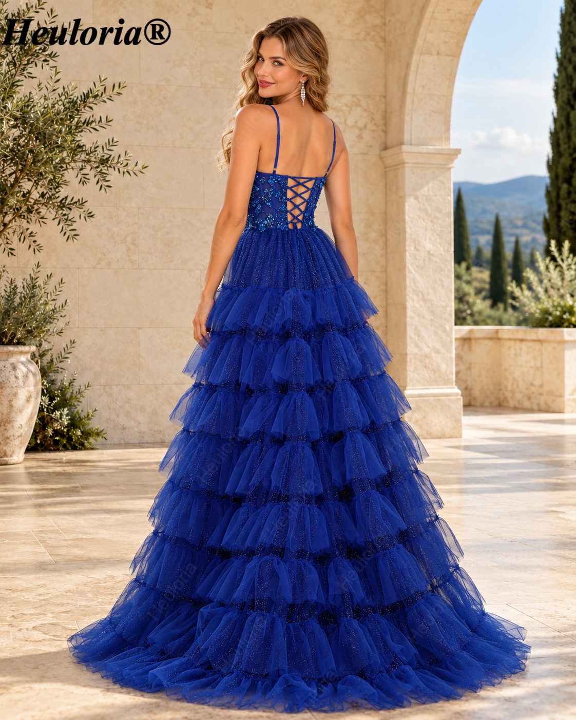 HEULORIA Royal Blue Beaded Tiered Tulle Ball Gown Prom Dress with Lace-Up Back – ED-223 Imagen secundaria del producto