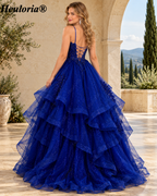 HEULORIA Sparkly Floral Applique Tiered Tulle Ball Gown Prom Dress with Lace-Up Back ED-409