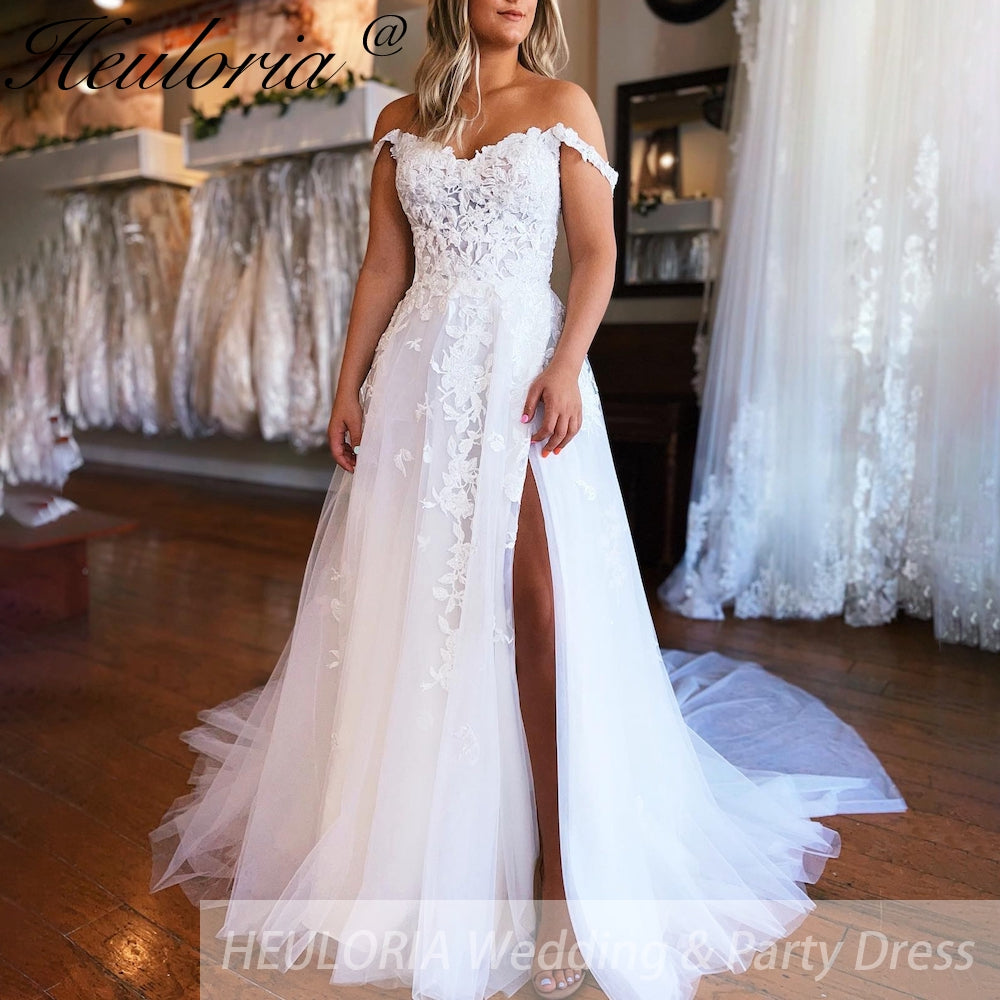 HEULORIA Illusion Off The Shoulder A-Line Wedding Dresses Appliques Lace Country Bridal Gowns Robe De Mariée Customized AL-QK277 Main image