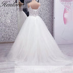 Heuloria Romantic Leafy Lace A-Line Wedding Dress: Plunge V-Neck & Sequined Tulle with Corset Back AL-1031