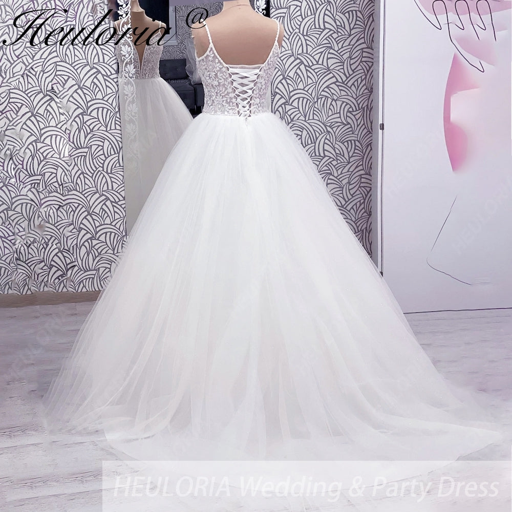 Heuloria Romantic Leafy Lace A-Line Wedding Dress: Plunge V-Neck & Sequined Tulle with Corset Back AL-1031