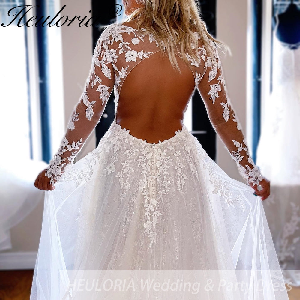 HEULORIA A line Wedding Dress long sleeve lace bride dress plus size robe de mariee  A line Wedding Bridal Gown AL-QK275