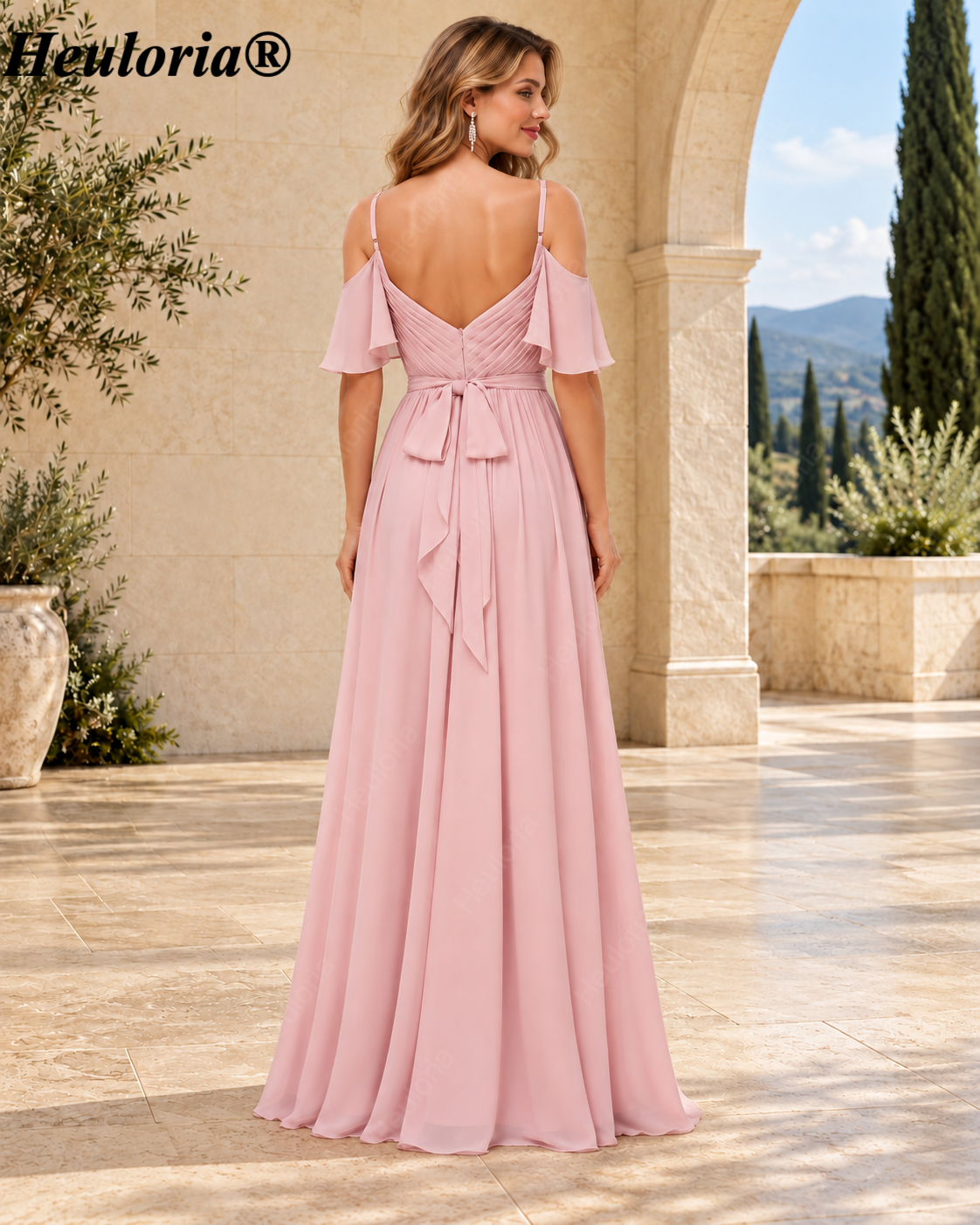 HEULORIA V-Neck Cold-Shoulder Chiffon A-Line Bridesmaid Dress with High Slit – ED-126 Imagen secundaria del producto
