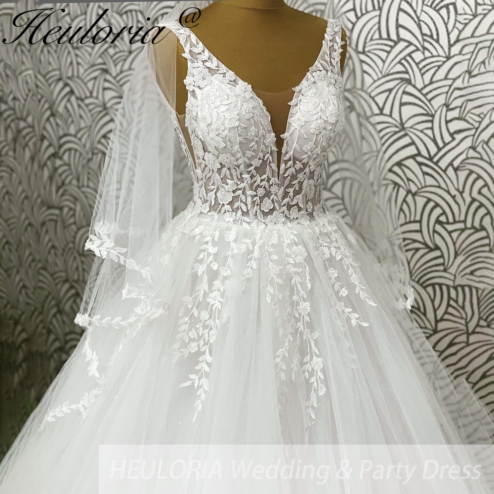 HEULORIA V Neck Sleeveless A lineWedding Dress Boho Lace Appliques Tulle Long Bridal Gowns Backless Vestidos de Novia Customized AL-1032