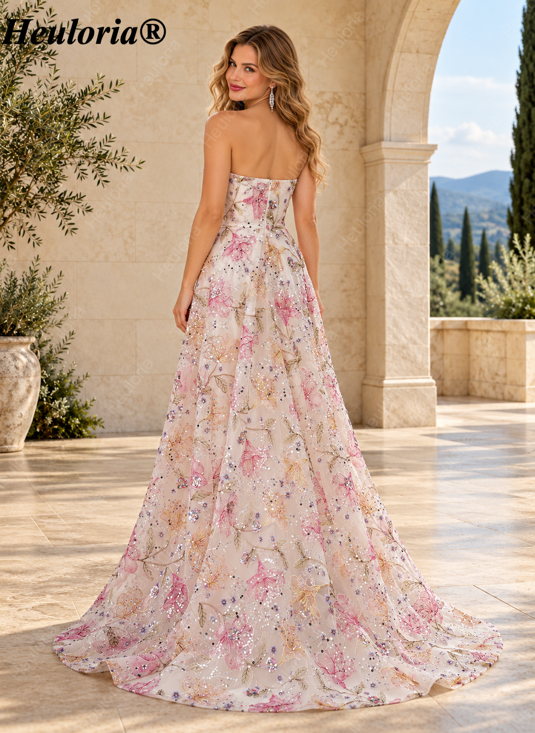 HEULORIA Strapless Floral Embroidered Sequin Ball Gown Evening Dress with Sweep Train ED-643 Image secondaire du produit