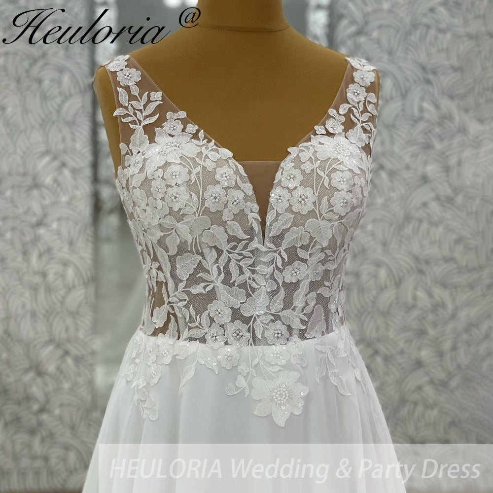 HEULORIA  elegant A line wedding dress Spaghetti Strap crepe lace chiffon bridal dress Robe De Mariee Wedding Bride Dress AL-1033