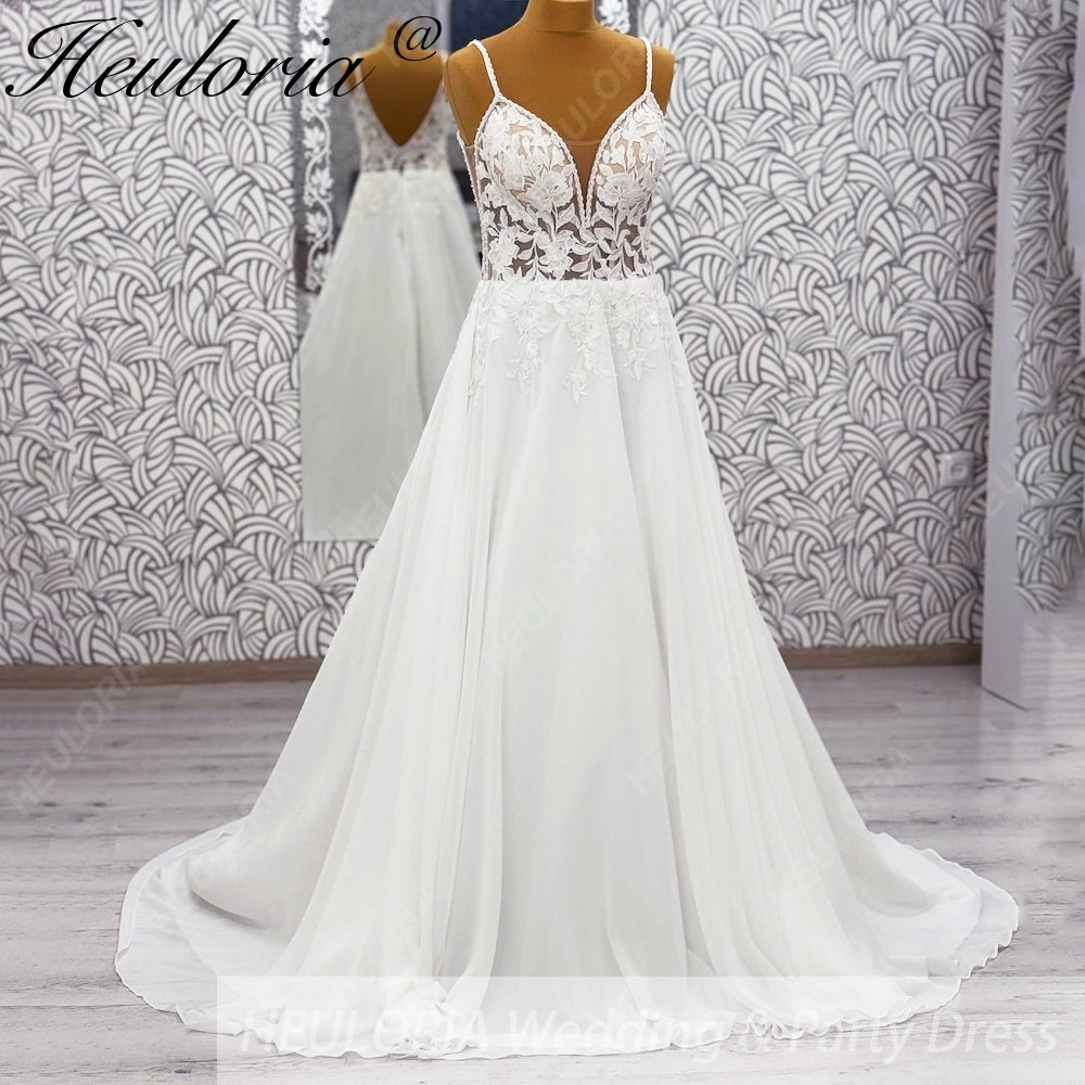 HEULORIA Ethereal V-Neck A-Line Lace Wedding Dress with Delicate Spaghetti Straps and Illusion Bodice #AL-997