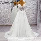 HEULORIA Ethereal V-Neck A-Line Lace Wedding Dress with Delicate Spaghetti Straps and Illusion Bodice #AL-997