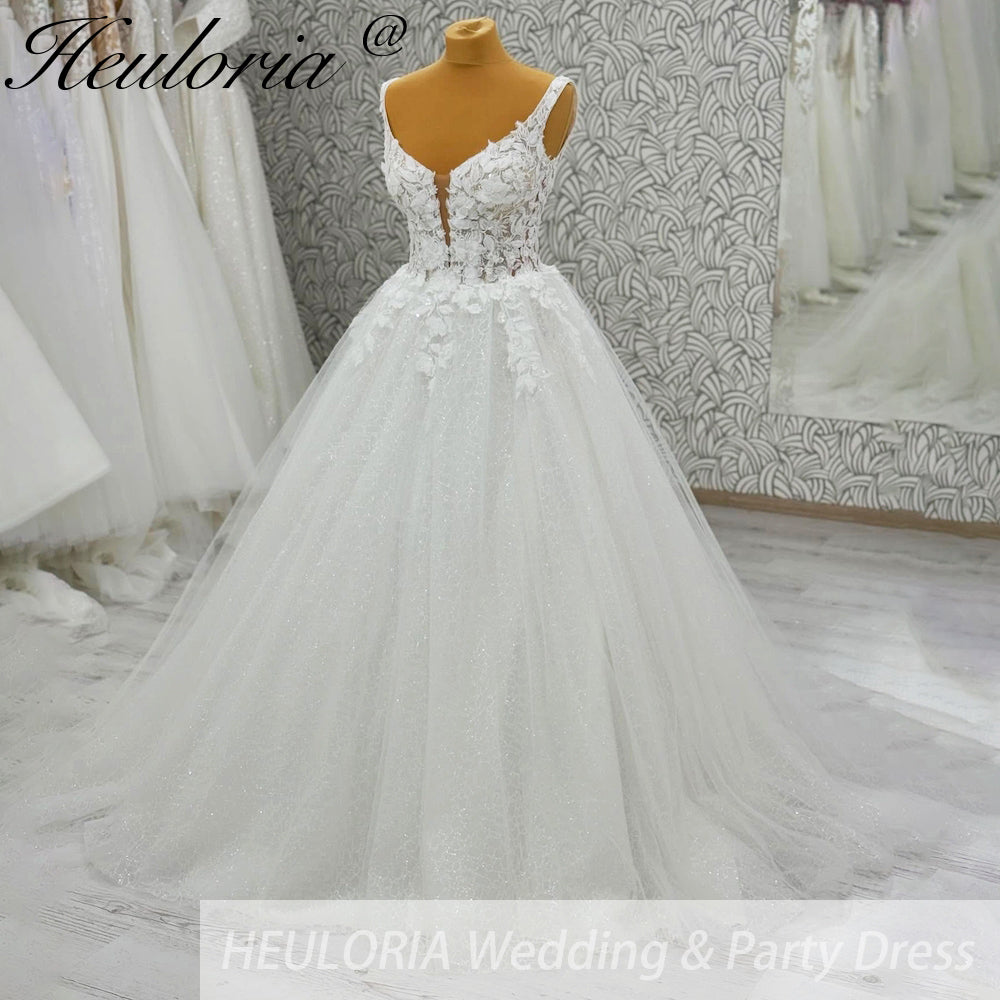 HEULORIA V Neck Sleeveless A line Wedding Dress Boho Lace Appliques Tulle Long Bridal Gowns Backless Vestidos de Novia Customized AL-1105