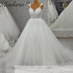 HEULORIA V Neck Sleeveless A lineWedding Dress Boho Lace Appliques Tulle Long Bridal Gowns Backless Vestidos de Novia Customized AL-1010