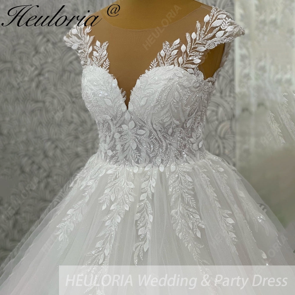 HEULORIA Ethereal Leaf Lace A-Line Wedding Dress with Illusion Neckline and Delicate Cap Sleeves AL-1029