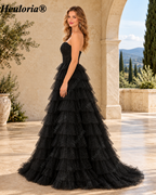 HEULORIA Black Sweetheart Tiered Glitter Tulle Prom Dress with Lace Bodice ED-102